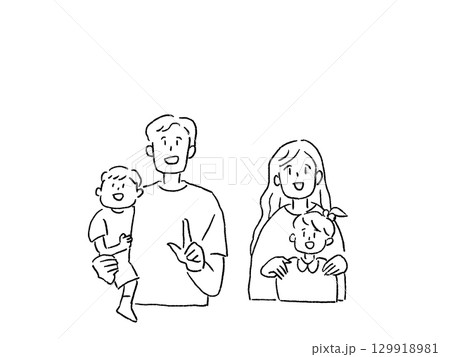 四人家族、二組の子連れカップル、線画 129918981