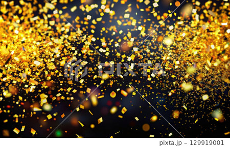 Golden confetti circles on a dark background with an iridescent effect 129919001