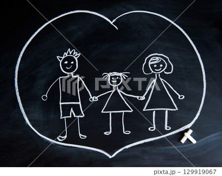 Happy family, child's drawing with chalk 129919067