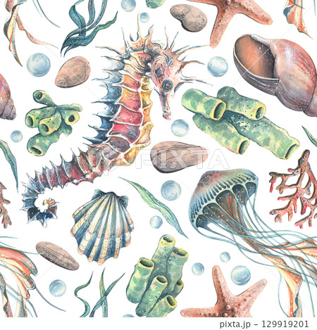Seamless nautical pattern with seashells, seahorse and jellyfish, corals in soft natural palette, hand-painted watercolor illustration for textiles, packaging, wrapping and coastal design. 129919201