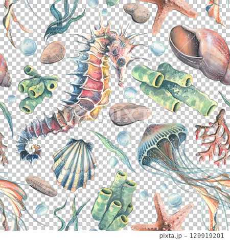 Seamless nautical pattern with seashells, seahorse and jellyfish, corals in soft natural palette, hand-painted watercolor illustration for textiles, packaging, wrapping and coastal design. 129919201