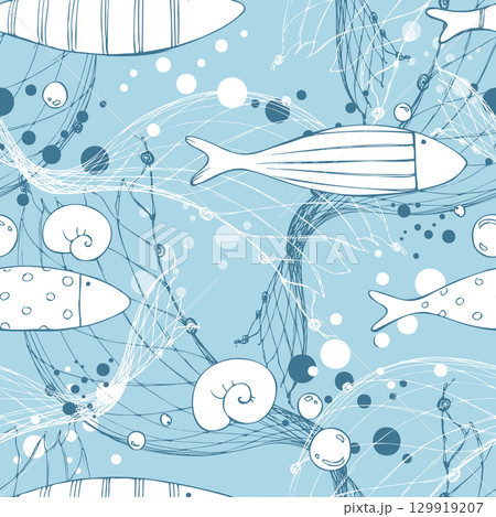 Simple geometric fish among nets and bubbles on the background of the blue sea. Graphic line art illustration drawn by hand. Seamless pattern for wallpaper, textile, children s prints 129919207