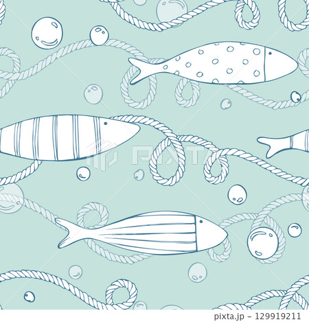 Minimalistic fish, bubbles and sea twisted ropes scattered on the minty seabed create an airy rhythm. Hand-drawn linear illustration. Seamless pattern for textiles, stationery, diaries and packaging. 129919211