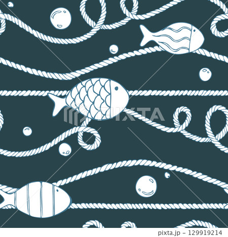 Twisting ropes with fish and bubbles against the deep turquoise night sea, rhythmic and bright. Hand drawn linear illustration. Seamless pattern for notebooks, mugs, sports equipment and gift wrap. Twisting ropes with fish and bubbles against the deep turquoise night sea, rhythmic and bright. Hand drawn linear illustration. Seamless pattern for notebooks, mugs, sports equipment and gift wrap. 129919214