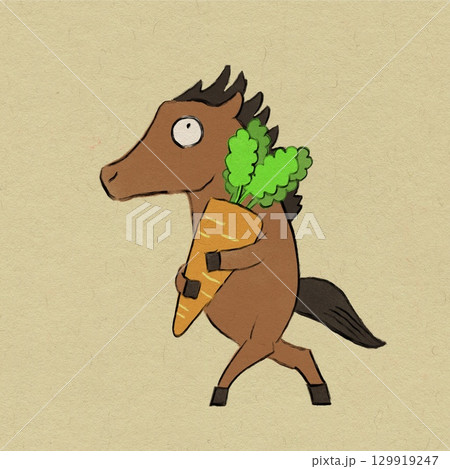にんじんを抱えたかわいい馬のイラスト（和紙風） 129919247