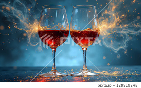 The beauty of wine glasses combined with the aroma of the drink is amazing. Two glass glasses with ruby-colored wine on a blue background with haze and splashes create a grandeur of the composition. 129919248