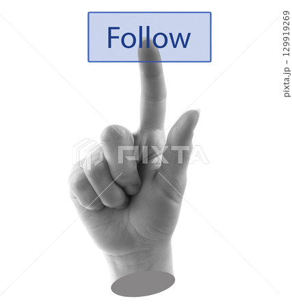 Hand push a virtual Follow button, isolated on transparent background, social media concept. Contemporary art 129919269