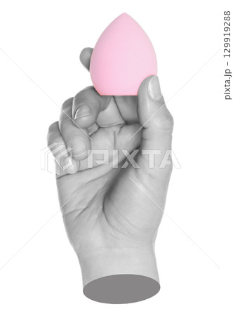 Woman hand holds cosmetic sponge, isolated on transparent background, cosmetics and visage concept. Contemporary art 129919288