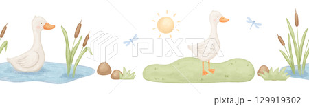 Seamless watercolor border with cute goose and pond with reed. Funny animals in nature. Hand drawn illustrations set 129919302