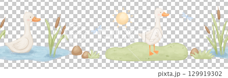 Seamless watercolor border with cute goose and pond with reed. Funny animals in nature. Hand drawn illustrations set 129919302