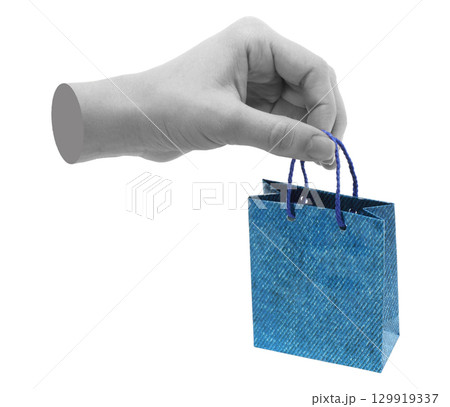 Hand holds mini shopping bag, isolated on transparent background, shopping concept. Contemporary art design Hand holds mini shopping bag, isolated on transparent background, shopping concept. Contemporary art design 129919337