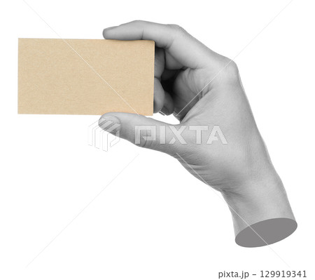 Hand holds craft blank business card, isolated on transparent background, business concept. Contemporary art design Hand holds craft blank business card, isolated on transparent background, business concept. Contemporary art design 129919341