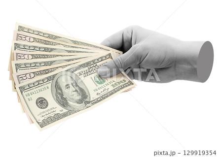 Hand holds US dollars cash bills, isolated on transparent background, business concept. Contemporary art design Hand holds US dollars cash bills, isolated on transparent background, business concept. Contemporary art design 129919354