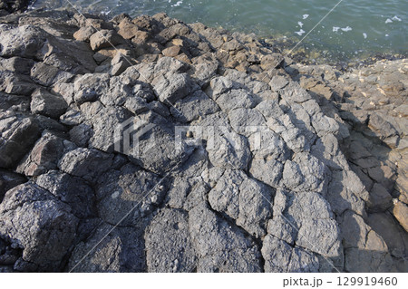 香川県三豊市三野町の「津嶋神社」本殿裏の柱状節理 129919460