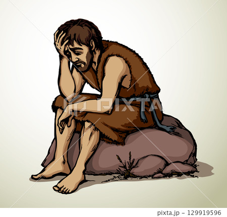 Vector drawing. A sad man and pigs 129919596