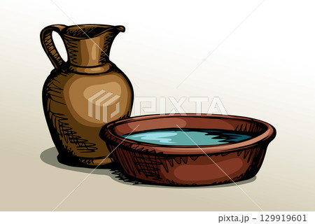 Vector drawing. Jug and bowl Vector drawing. Jug and bowl 129919601