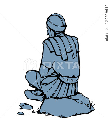 Vector drawing. Old roman Soldier resting on the stone Vector drawing. Old roman Soldier resting on the stone 129919633