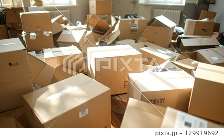 段ボールが散らかった部屋 129919692