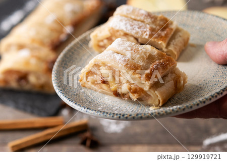 Homemade apple strudel slices 129919721
