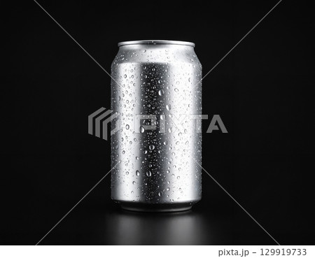 water drops on aluminium can on a dark background 129919733