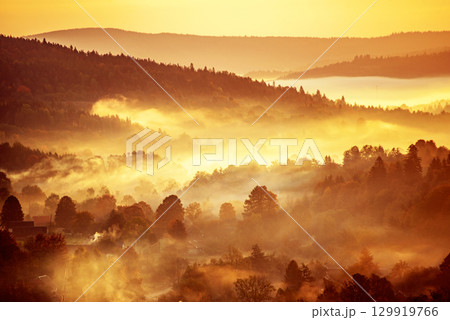 Morning mountain landscape, autumn seasonal background, amazing sunrise Morning mountain landscape, autumn seasonal background, amazing sunrise 129919766