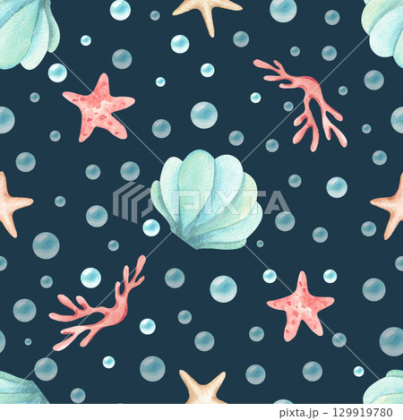 Seamless pattern marine theme. Watercolor seashell, corals, starfish, stars and bubbles. Illustration isolated on dark background. Hand drawn sea art children's design for stationery, packaging 129919780