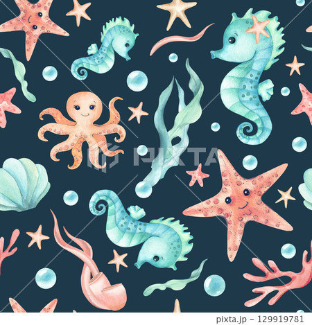 Aquatic animals watercolor seamless pattern in sea style. Seahorse, starfish and octopus children's characters. Illustration isolated on dark background with seaweed, bubbles. Wallpaper, stationery 129919781