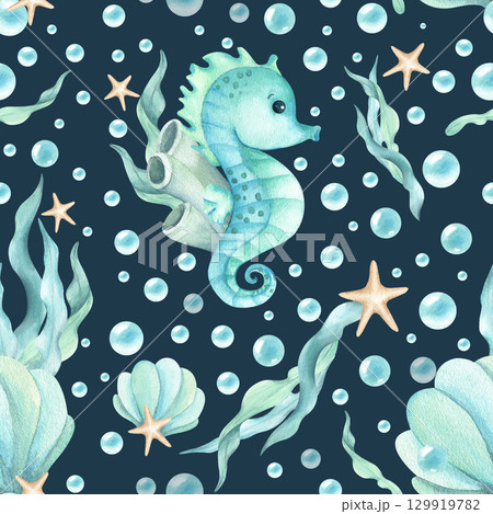 Watercolor seahorse character seamless pattern. With seaweed, seashell, stars and bubbles. Children's illustration turquoise shades isolated on dark Background for kids design stationary, packaging 129919782