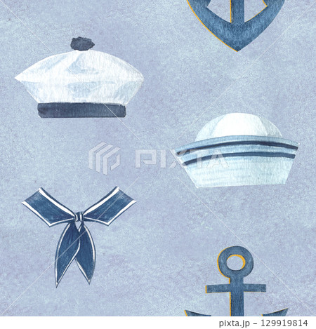 Tarpaulin, sailor hat, anchor watercolor hand painted illustration seamless pattern on blue. Navy design element. High quality art perfect for cards, banners, invitations, guides, stationary and books 129919814