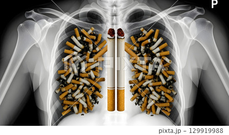 An x-ray image reveals cigarette butts replacing lungs, highlighting the hazards of smoking. 129919988
