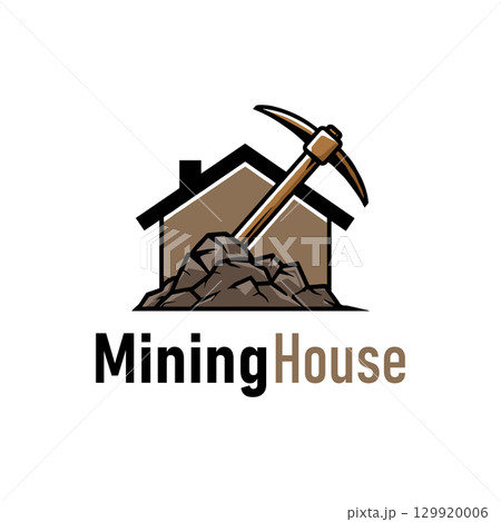 Mining House With Pickaxe Logo Vector Design Illustration Vintage, Gold Mine House, Digger Home Concept Mining House With Pickaxe Logo Vector Design Illustration Vintage, Gold Mine House, Digger Home Concept 129920006