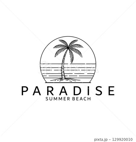 Palm or Coconut Line Art Logo Vector Illustration Design. Vintage Hand Drawn Palm Logo Badge Template Design. Sunset In The Island Logo Concept 129920010