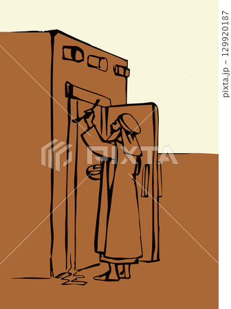 Vector drawing. The family fulfills God's command. Anoints the doorposts with the blood of the lamb Vector drawing. The family fulfills God's command. Anoints the doorposts with the blood of the lamb 129920187