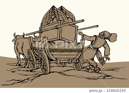 Vector drawing. The ark of the covenant being transported on a wooden cart pulled by two oxens Vector drawing. The ark of the covenant being transported on a wooden cart pulled by two oxens 129920193
