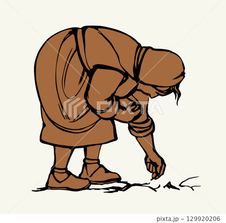 Vector drawing. Old woman in the field 129920206