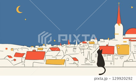 三日月と街並みを見つめる黒猫のイラスト 三日月と街並みを見つめる黒猫のイラスト 129920292