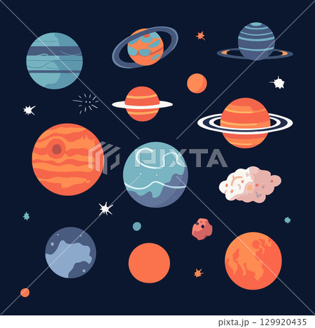 A vibrant collection of planets orbiting in a dark space backdrop, featuring unique colors and textures, surrounded by stars and cosmic dust. Each planet has distinct characteristics. A vibrant collection of planets orbiting in a dark space backdrop, featuring unique colors and textures, surrounded by stars and cosmic dust. Each planet has distinct characteristics. 129920435