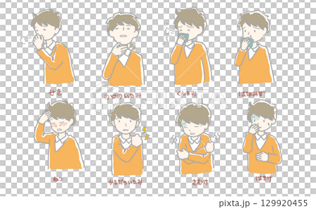 Illustration set of a man with early symptoms of a cold Illustration set of a man with early symptoms of a cold 129920455