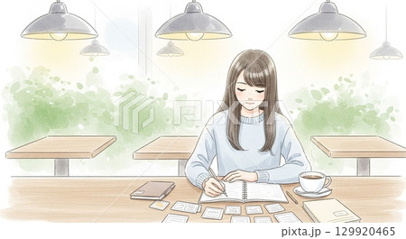 カフェでフラッシュカード学習する学生の水彩調イラスト 129920465