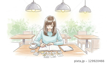 カフェでフラッシュカード学習する学生の水彩調イラスト カフェでフラッシュカード学習する学生の水彩調イラスト 129920466