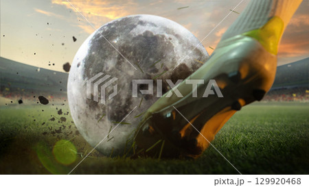 Creative collage. Soccer player kicking moon ball on stadium field with dramatic impact 129920468