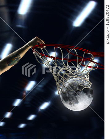 Modern collage basketball player dunking moon ball into hoop 129920472
