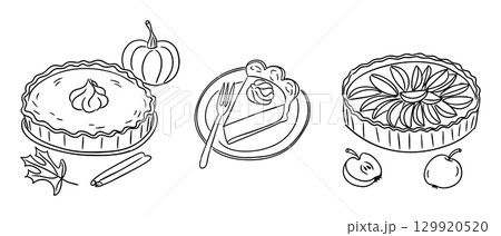 Pumpkin pie, apple pie and tart with fruits in simple line art style for coloring page 129920520