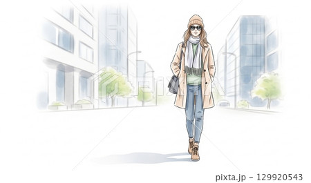 街角のランウェイを歩くファッショナブルな女性の水彩画 129920543