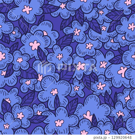 Night flowers drawn with a line in a seamless vector pattern. Design for decoration, wall decor, wallpaper, cover, banner, poster, card. 129920648