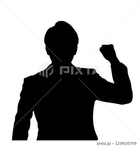 片手をあげて成功を喜ぶガッツポーズのビジネスマンのシルエットの男性 力こぶ ゲンコツ ノック 片手をあげて成功を喜ぶガッツポーズのビジネスマンのシルエットの男性 力こぶ ゲンコツ ノック 129920709