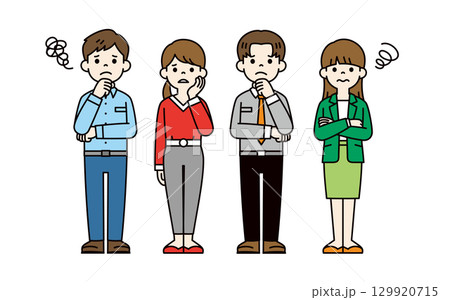 困った顔の男性社員と女性社員の全身イラストセット＿ベクター＿カラー 129920715