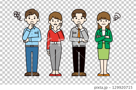 困った顔の男性社員と女性社員の全身イラストセット＿ベクター＿カラー 129920715