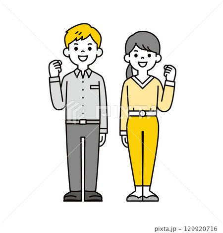笑顔でガッツポーズをする若い男性と女性の全身イラスト＿ベクター 129920716