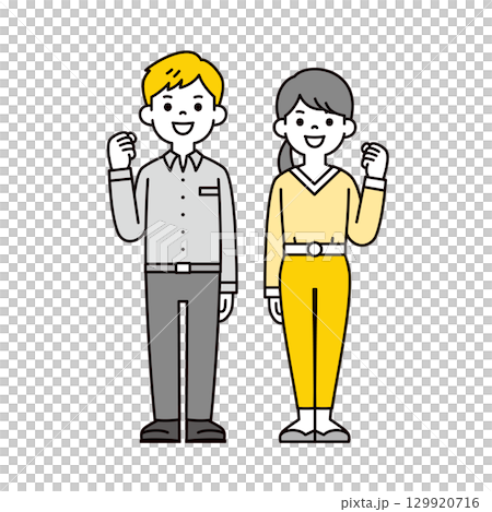全身插圖:年輕男女微笑並握拳_向量 全身插圖:年輕男女微笑並握拳_向量 129920716